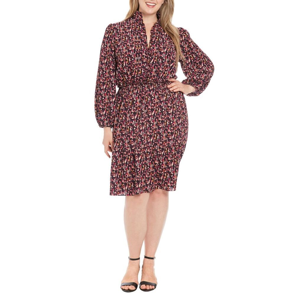 London Times Womens Long Sleeve Smocked Waist Dress Black Multi Size 10